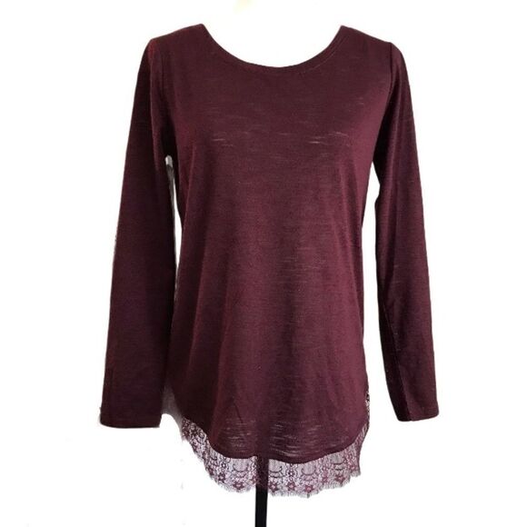 𝅺lauren Conrad Burgundy Long Sleeve Bow Back with Lace Shirt Sz S - Picture 1 of 6